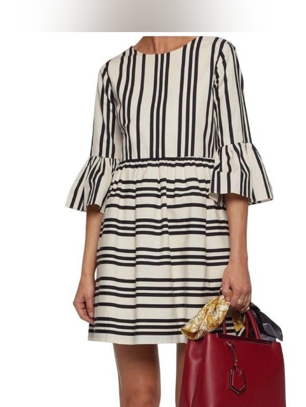 Alice + Olivia Augusta Cream & Black Striped Bell Sleeve Midi Dress Sz 4